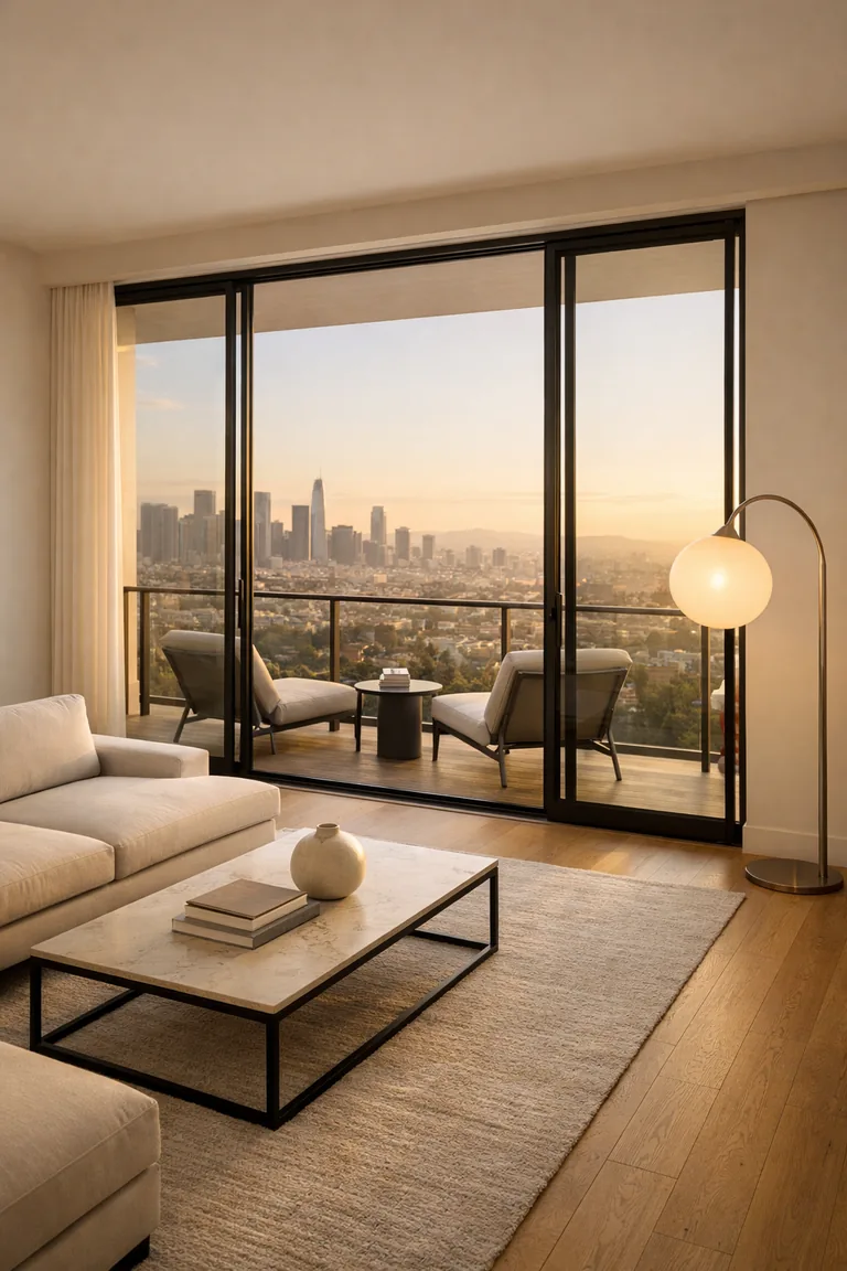 A sleek neutral living room with floor-to-ceiling sliding glass doors opening to a small balcony with two chairs and a city view.