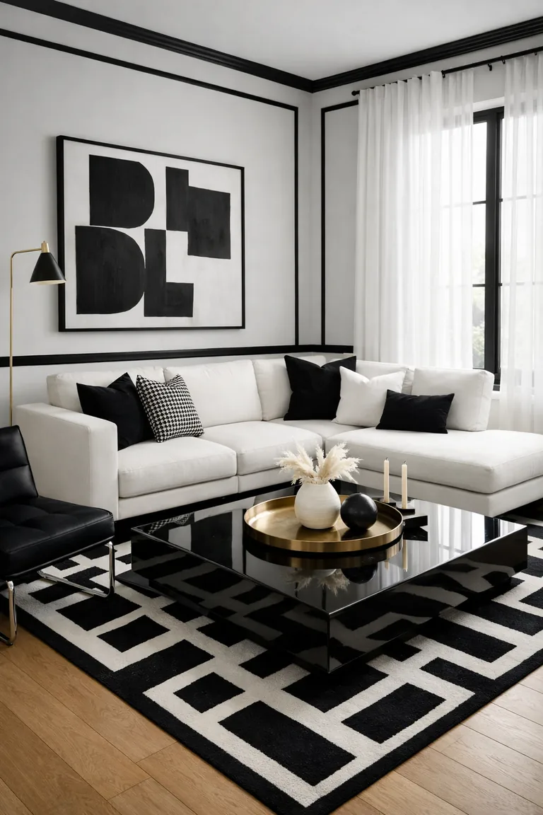 A black-and-white modern living room with a white sofa, black coffee table, geometric rug, black accent chair, and brass floor lamp by tall sheer-curtained windows.