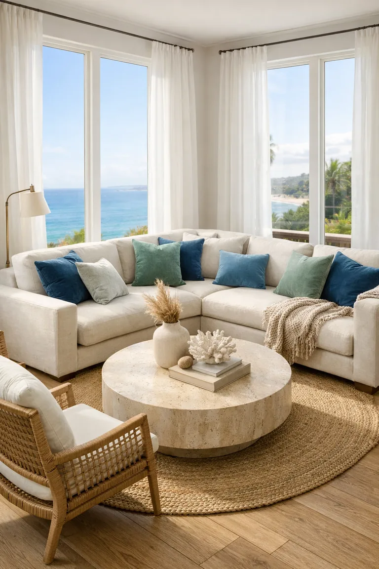 Coastal living room with an ivory linen sectional, blue and green pillows, jute rug, travertine coffee table, rattan chair, and sheer curtains by tall windows with an ocean view.