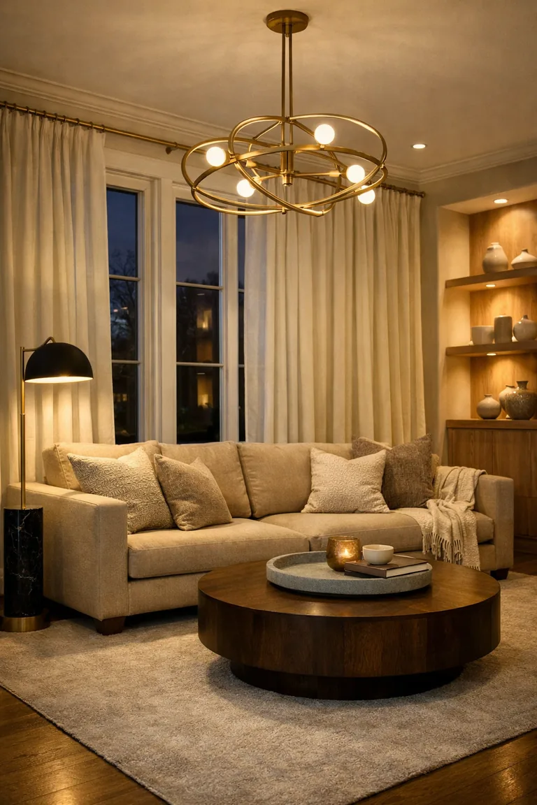 A living room with tall windows framed by ivory floor-to-ceiling curtains, a beige sofa, and layered warm lighting from a chandelier, floor lamp, and recessed lights.