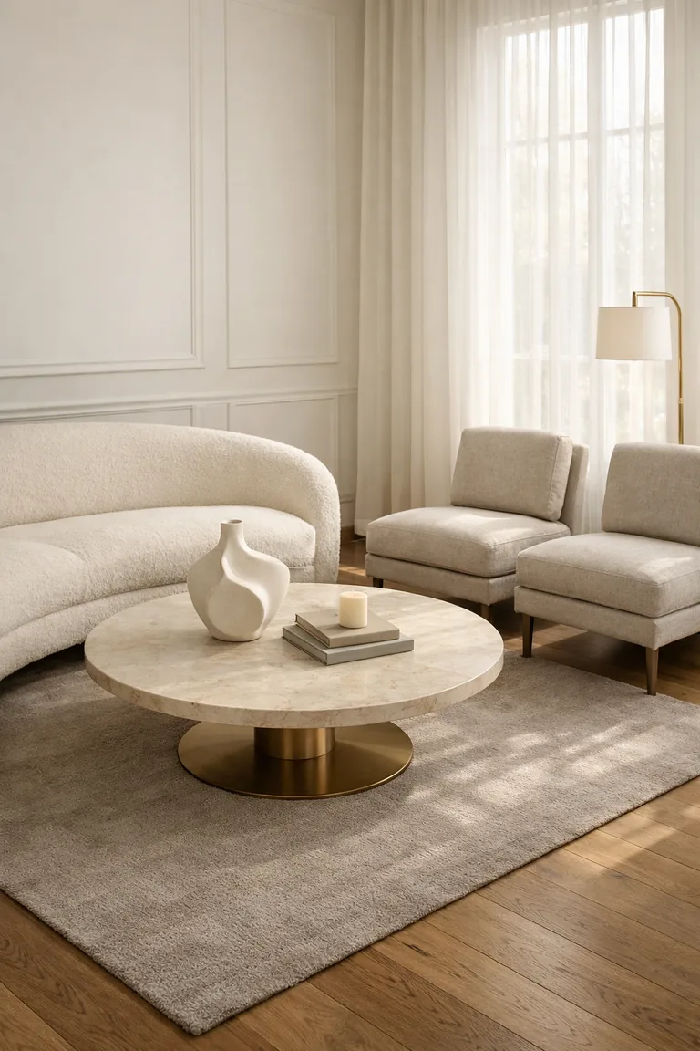 Curved ivory bouclé sofa with a round beige marble coffee table on a taupe rug, styled with a vase, books, and a candle, with sheer curtains and warm daylight.