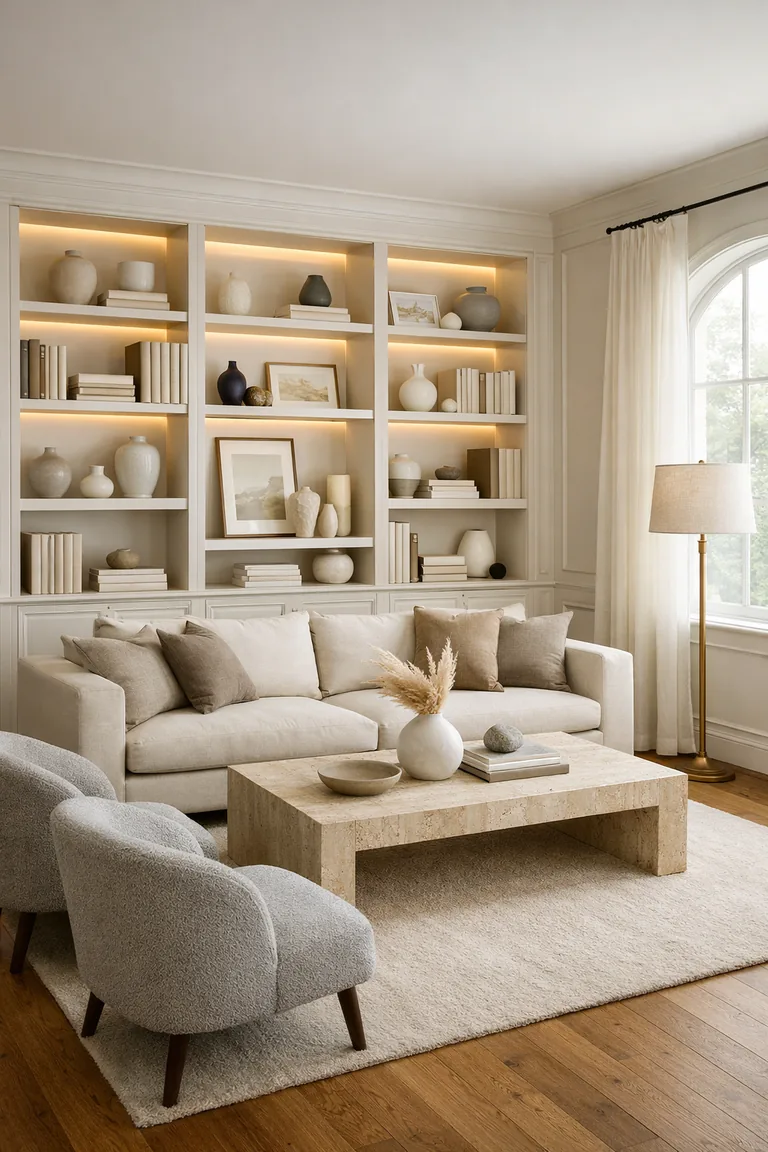 A living room with warm white built-in shelves lit with integrated LEDs, styled with books and décor, and a cream sofa and travertine coffee table on a light rug.