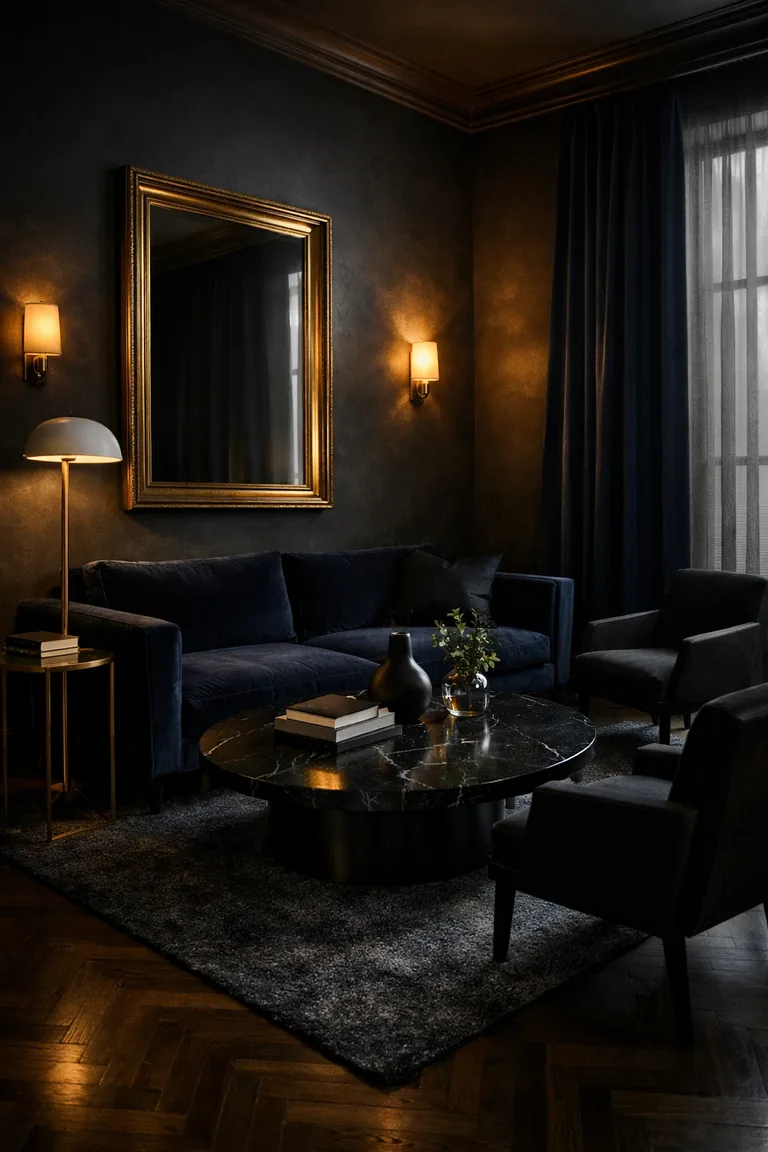 A dark living room with a deep navy velvet sofa, black chairs, a black marble coffee table, and brushed gold accents under warm, dim lighting.