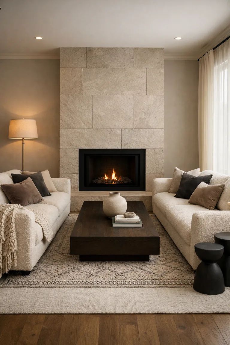 Photorealistic living room with a modern stone fireplace, noted flame glow, two cream bouclé sofas facing each other, layered neutral rugs, a dark oak coffee table, and warm lighting with sheer-curtained window light.