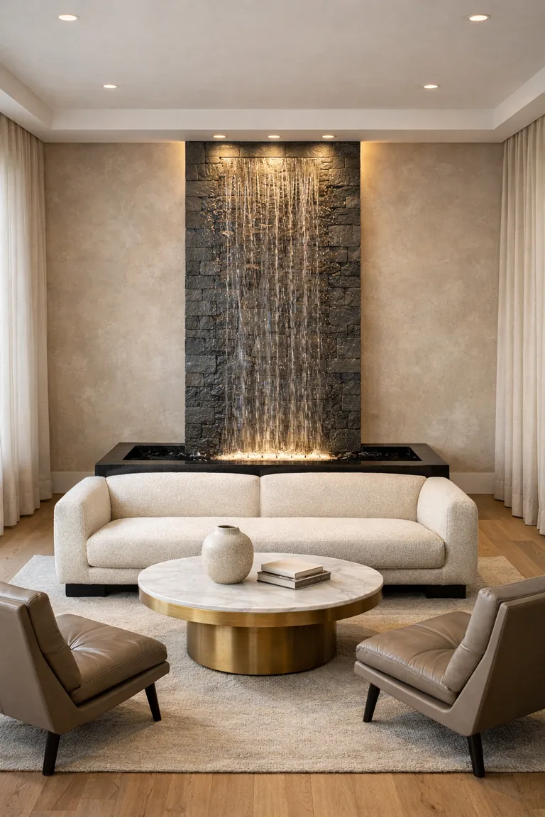 A luxury living room with an ivory sofa facing a slim stone wall fountain that pours into a black basin, with a neutral rug, oak floors, and sheer curtains.