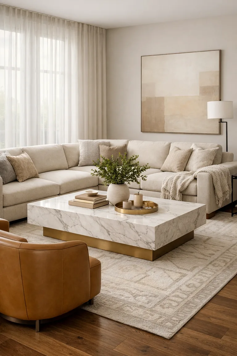 A beige L-shaped sectional with two caramel leather accent chairs sits around a marble-and-brass coffee table on a cream patterned rug in a bright living room with sheer curtains and warm lighting.