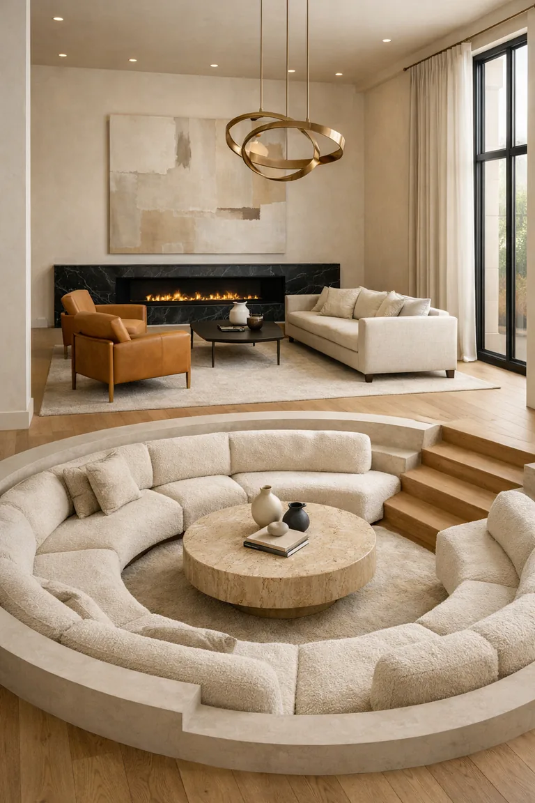 A double-height living room with a sunken ivory boucle sectional around a round travertine coffee table and a separate seating area with leather armchairs and a linen sofa near a black marble fireplace, each defined by neutral rugs.