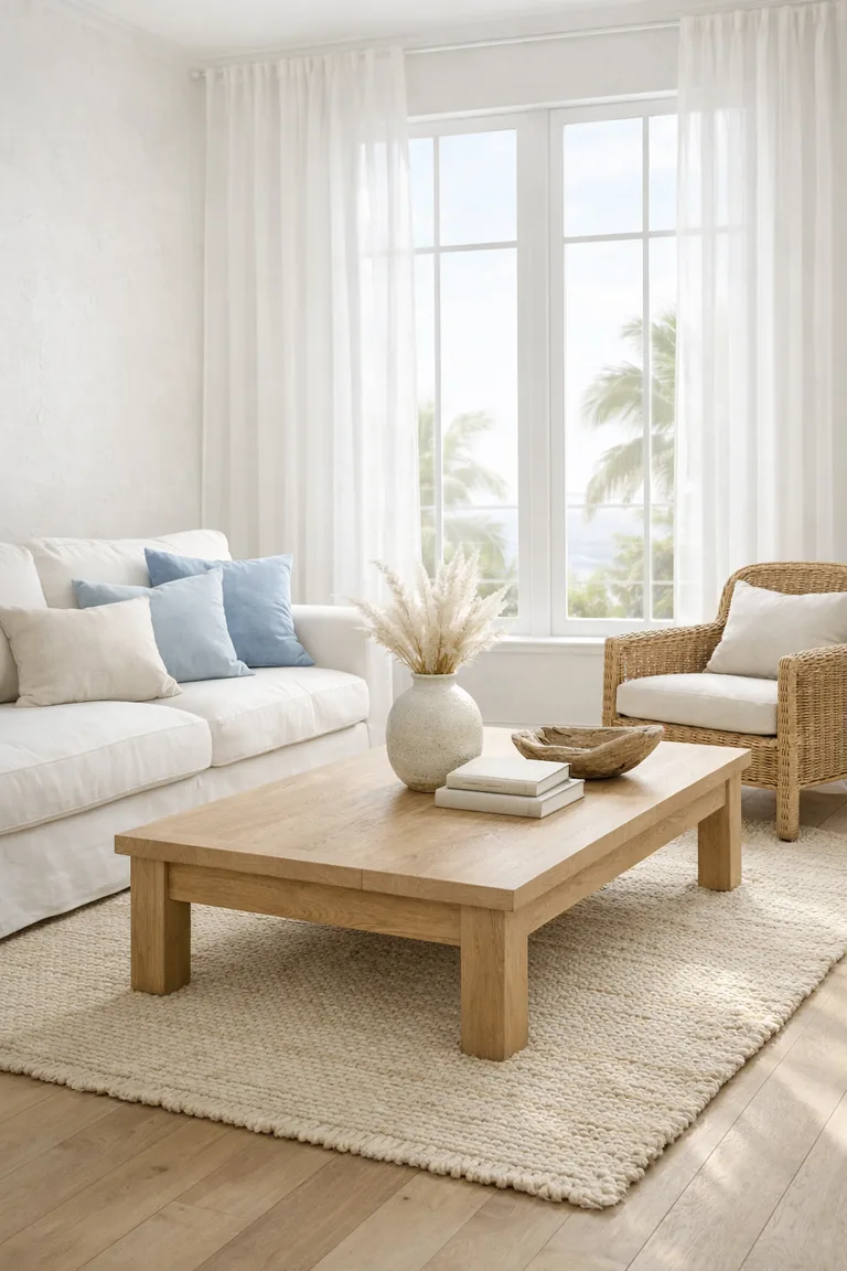 Bright coastal living room with a white linen sofa, soft blue pillows, a rattan armchair, a pale oak coffee table, and a cream jute rug by tall windows with sheer white curtains.
