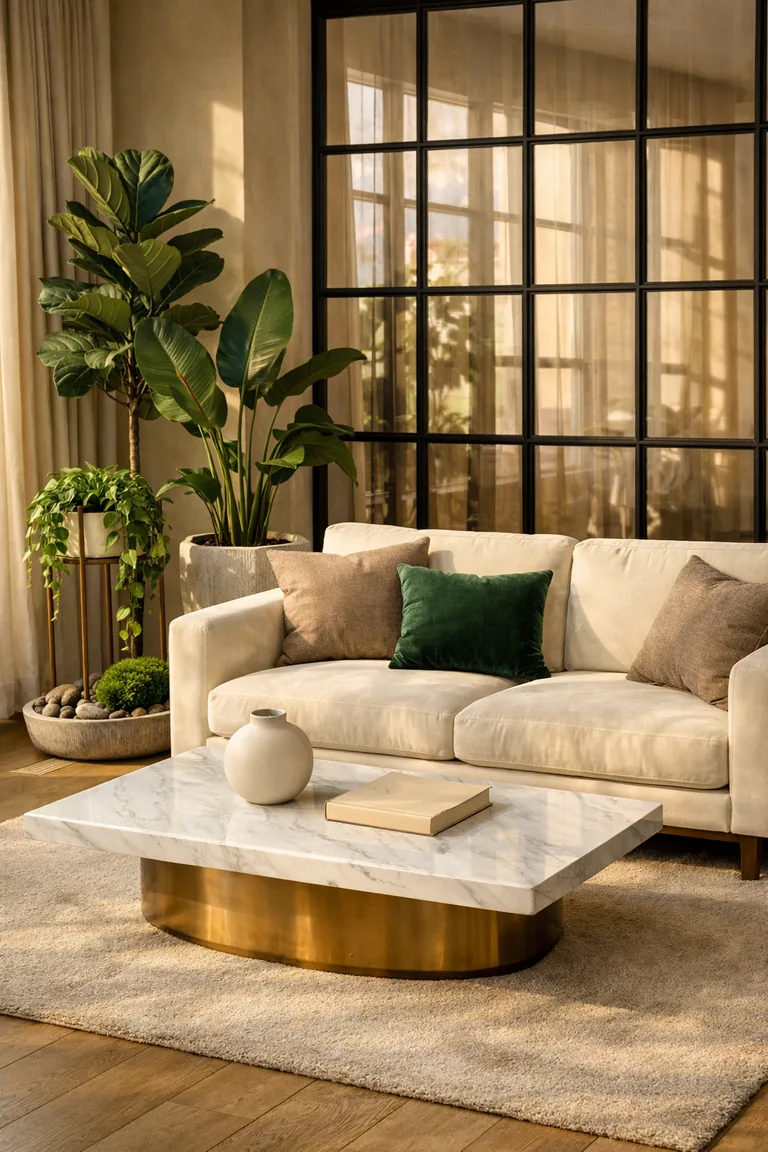 An ivory velvet sofa beside a cluster of indoor plants, with a marble-and-brass coffee table, wool rug, and black-framed glass windows in warm natural light.
