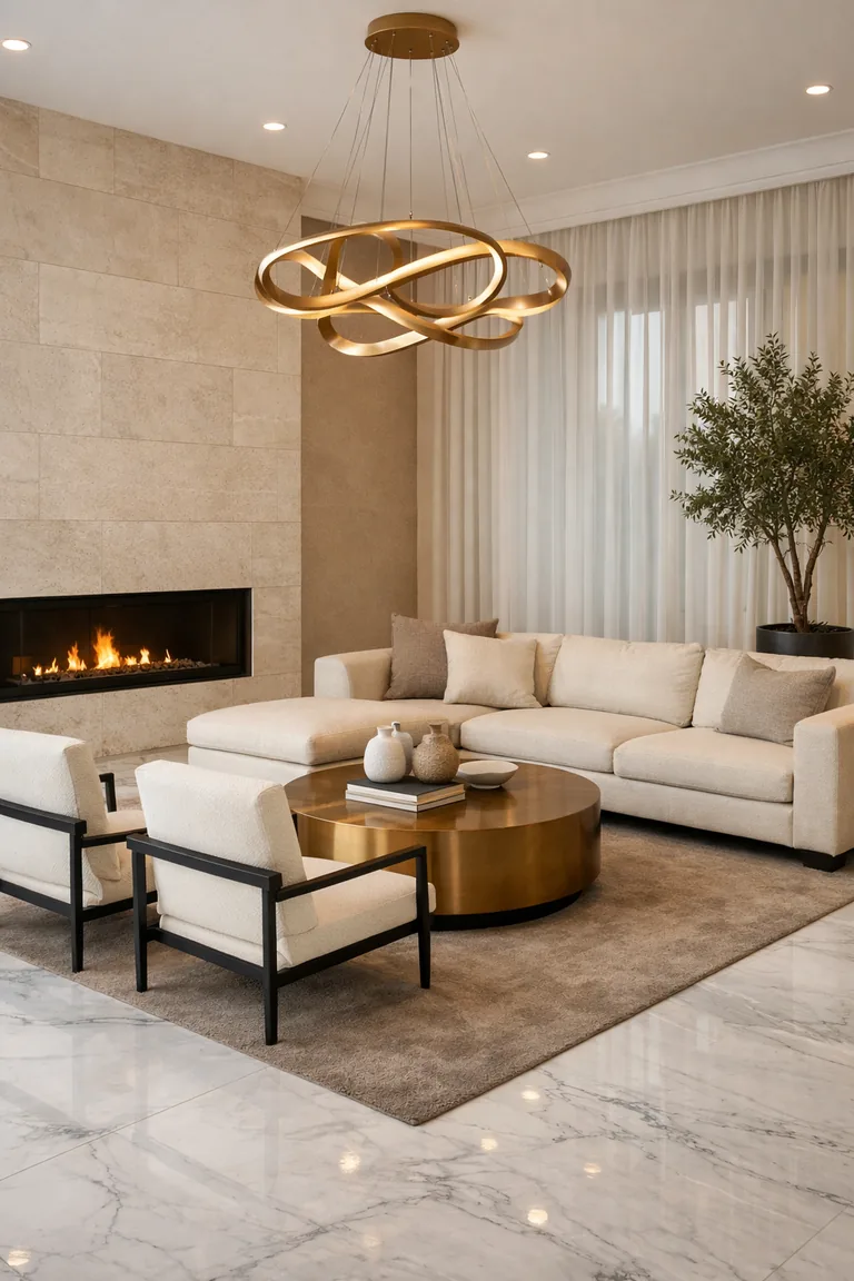 Contemporary living room with a polished white marble floor, cream sectional, black-and-ivory accent chairs, brass coffee table on a taupe rug, and a brass sculptural chandelier.