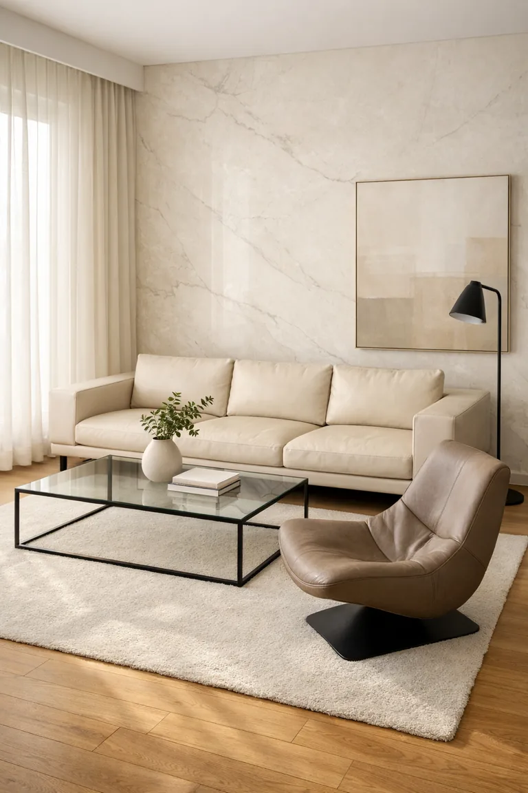 Minimalist living room with a marble accent wall, beige leather sofa, glass coffee table, ivory rug, and warm sunlight through sheer curtains.