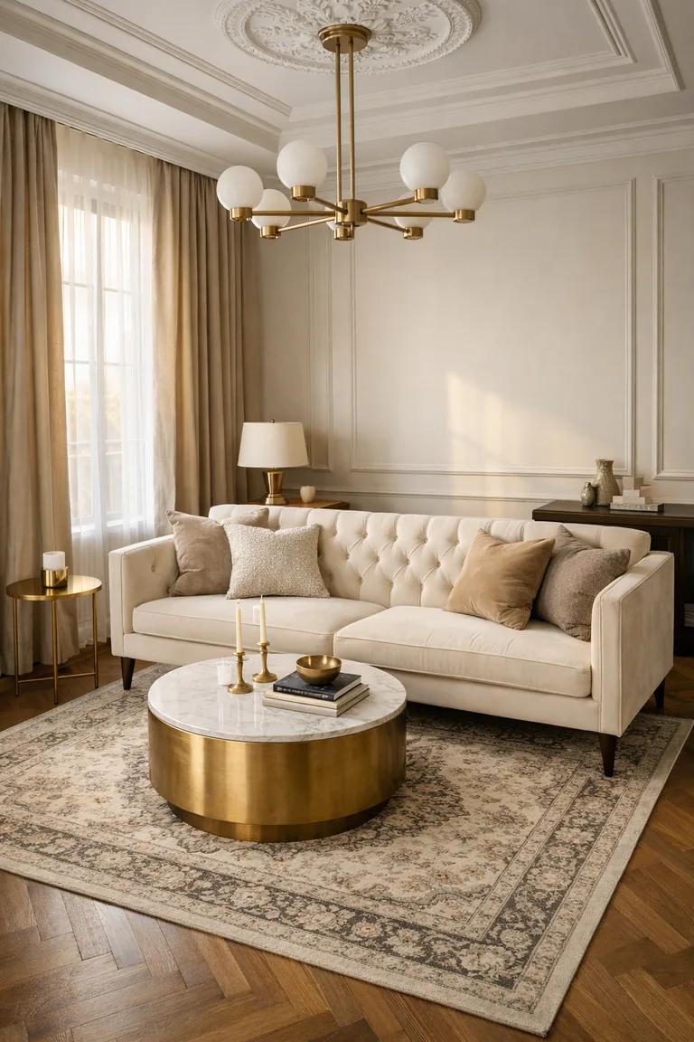 Photorealistic modern-classic living room with a cream tufted velvet sofa, ornate neutral rug, floor-to-ceiling greige curtains, coffered ceiling with medallion, and brushed brass chandelier and tables on herringbone wood flooring.