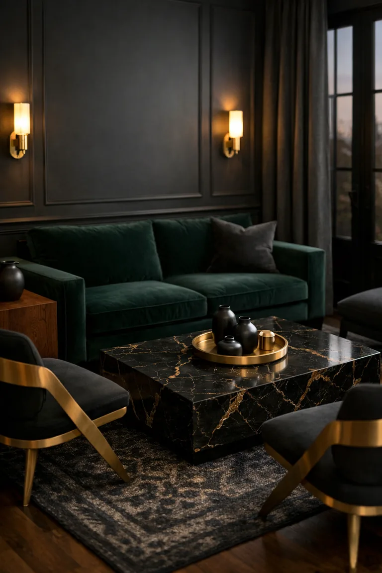 A dark living room with charcoal walls, an emerald velvet sofa, brushed-gold wall sconces, a black marble coffee table with gold veining, and heavy charcoal curtains by a tall window.