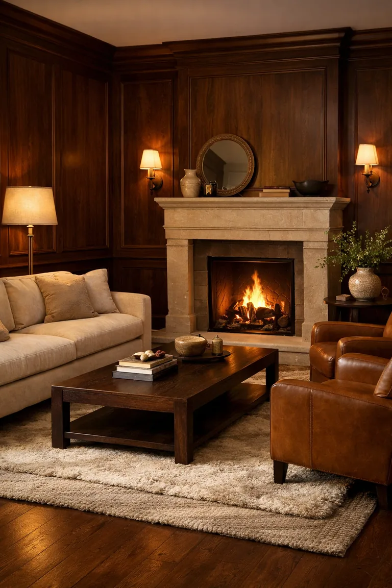 A dark walnut wood-paneled living room with a lit fireplace, an ivory velvet sofa, caramel leather armchairs, a dark wood coffee table, layered neutral rugs, and warm brass lighting.
