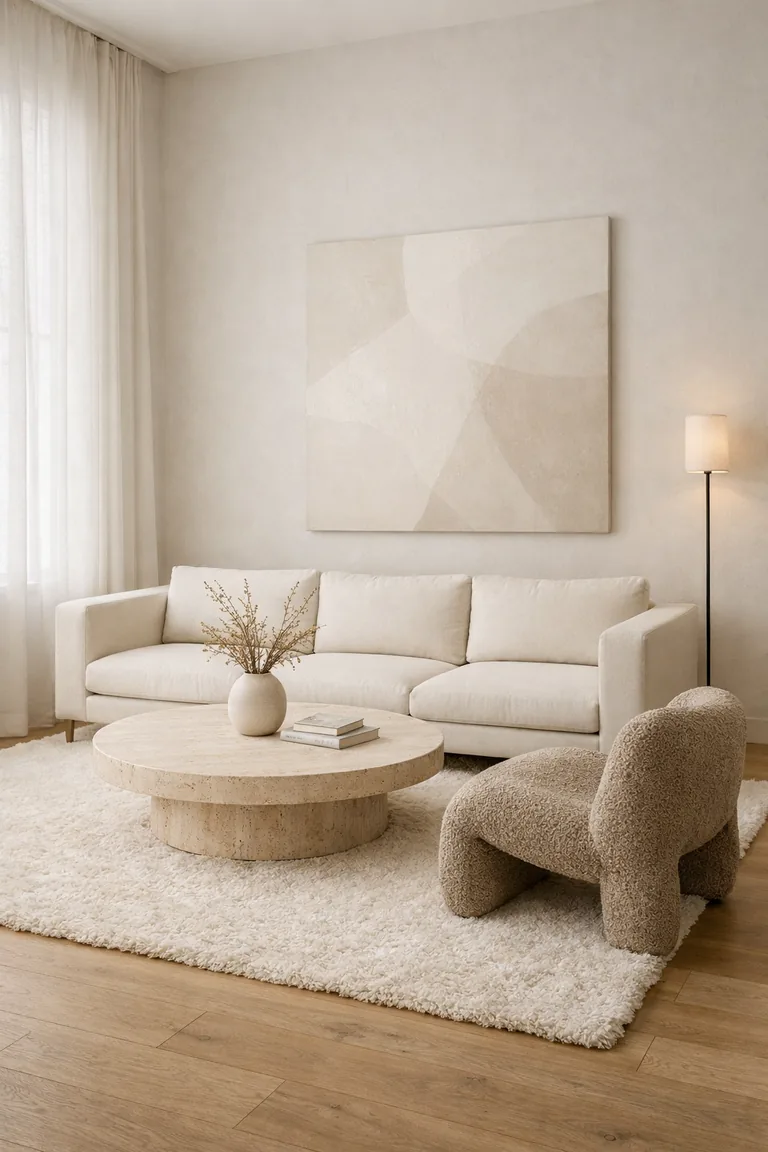A minimalist neutral living room with a cream sofa, travertine round coffee table, ivory rug, sheer curtains, a black floor lamp, and a taupe accent chair.