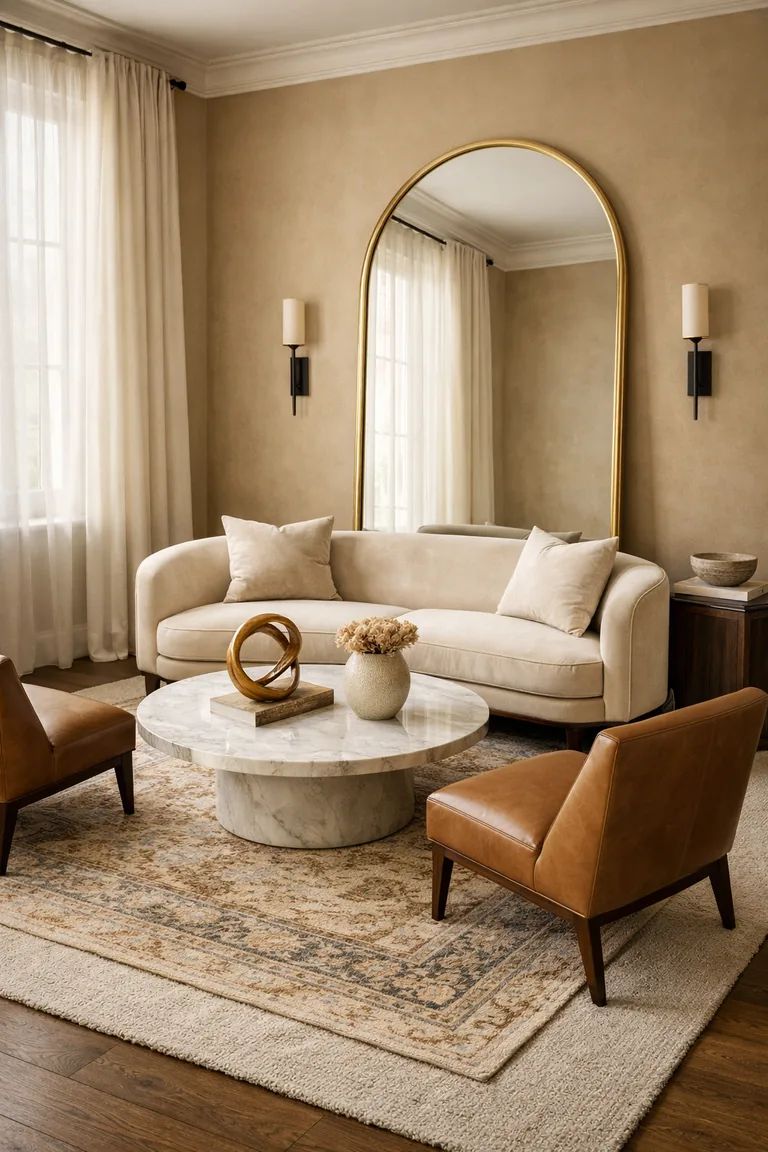 A luxury living room with layered neutral rugs under a cream velvet sofa and caramel leather chairs, a marble coffee table with sculptural décor, and an oversized arched gold-framed mirror leaning against a beige wall.
