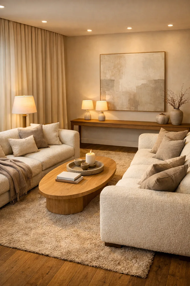Two plush ivory boucle sofas facing each other on a thick beige rug, with a light oak oval coffee table, warm floor and table lamps, cream curtains, and neutral wall art.