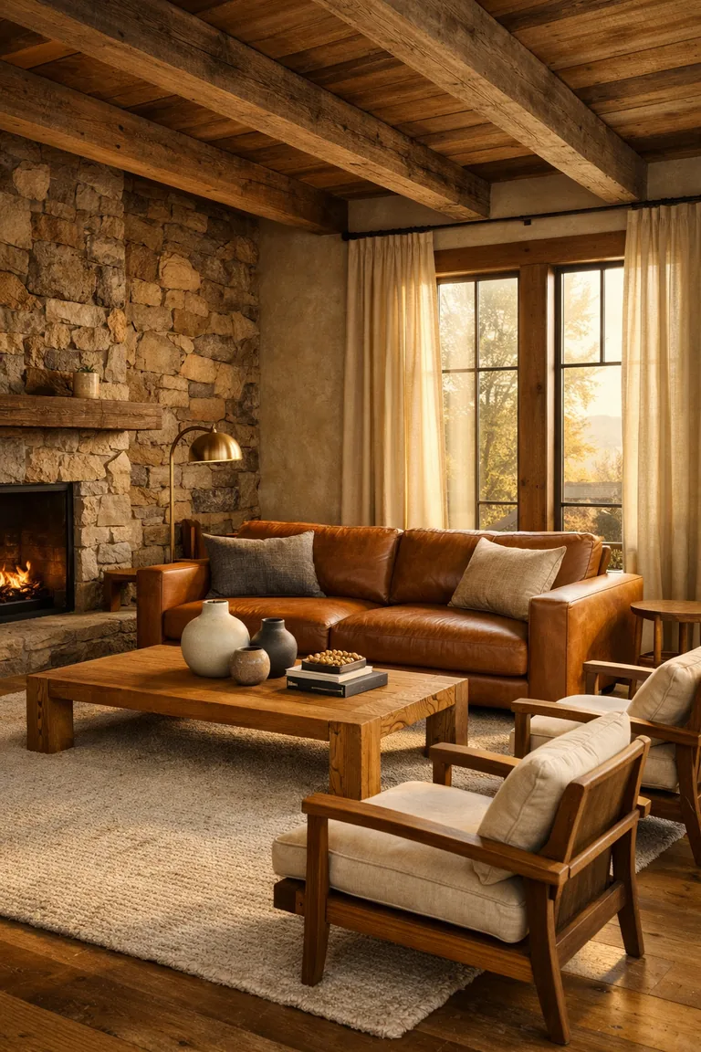 A luxury rustic living room with a stone accent wall, exposed wood beams, a caramel leather sofa, oak coffee table, neutral rug, and warm lighting.