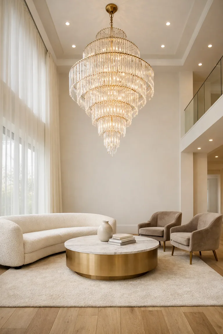 Low-angle view of a double-height modern living room with an oversized chandelier, tall windows with sheer curtains, a curved ivory sofa, two taupe chairs, and a round marble coffee table on a cream rug.