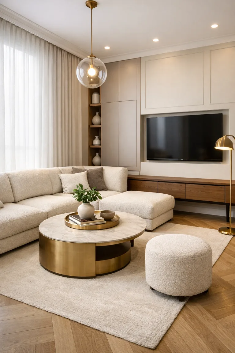 Compact luxury living room with an ivory L-shaped sectional, round brass-and-marble nesting coffee tables, built-in taupe storage, a cream rug on herringbone wood floors, and sheer curtains by a tall window.