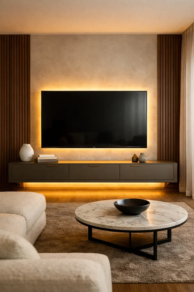 A modern living room with a wall-mounted TV on a beige feature wall, walnut slat panels, a floating warm-gray media console with brass pulls, and soft LED backlighting.