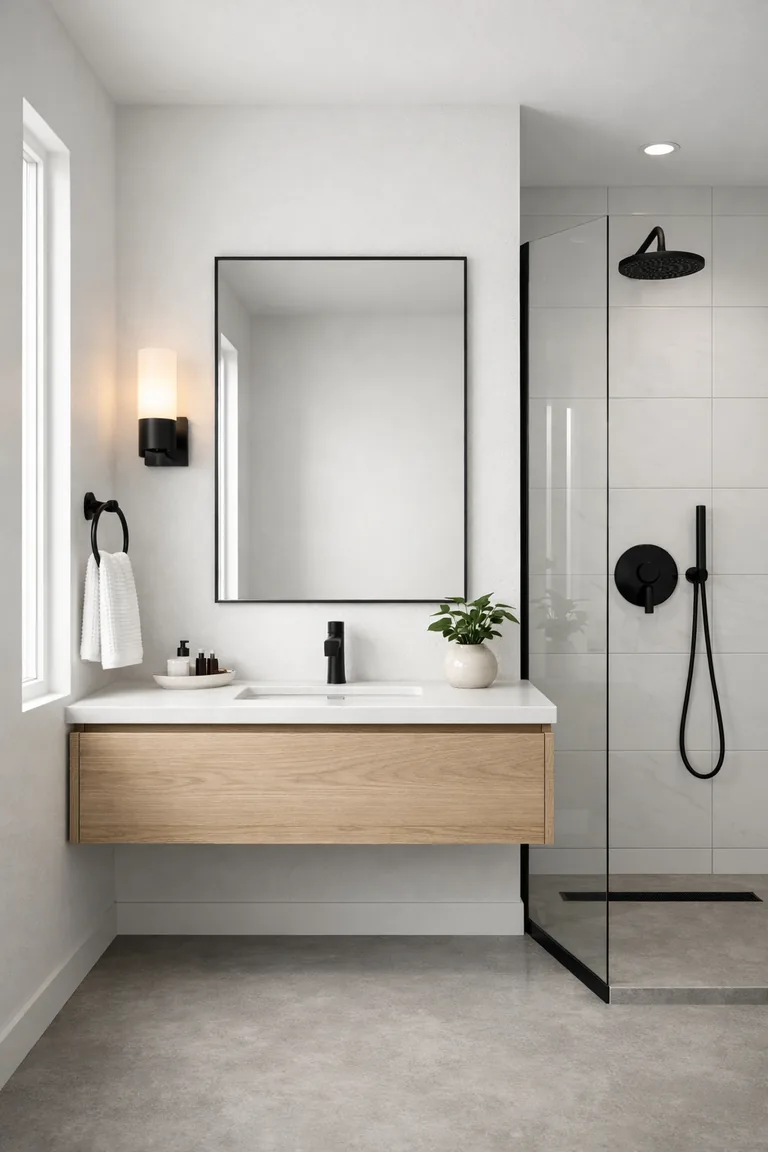 Modern bathroom with white walls, a floating oak vanity with a white countertop, matte black faucet and shower fixtures, a frameless mirror, and a glass shower panel.