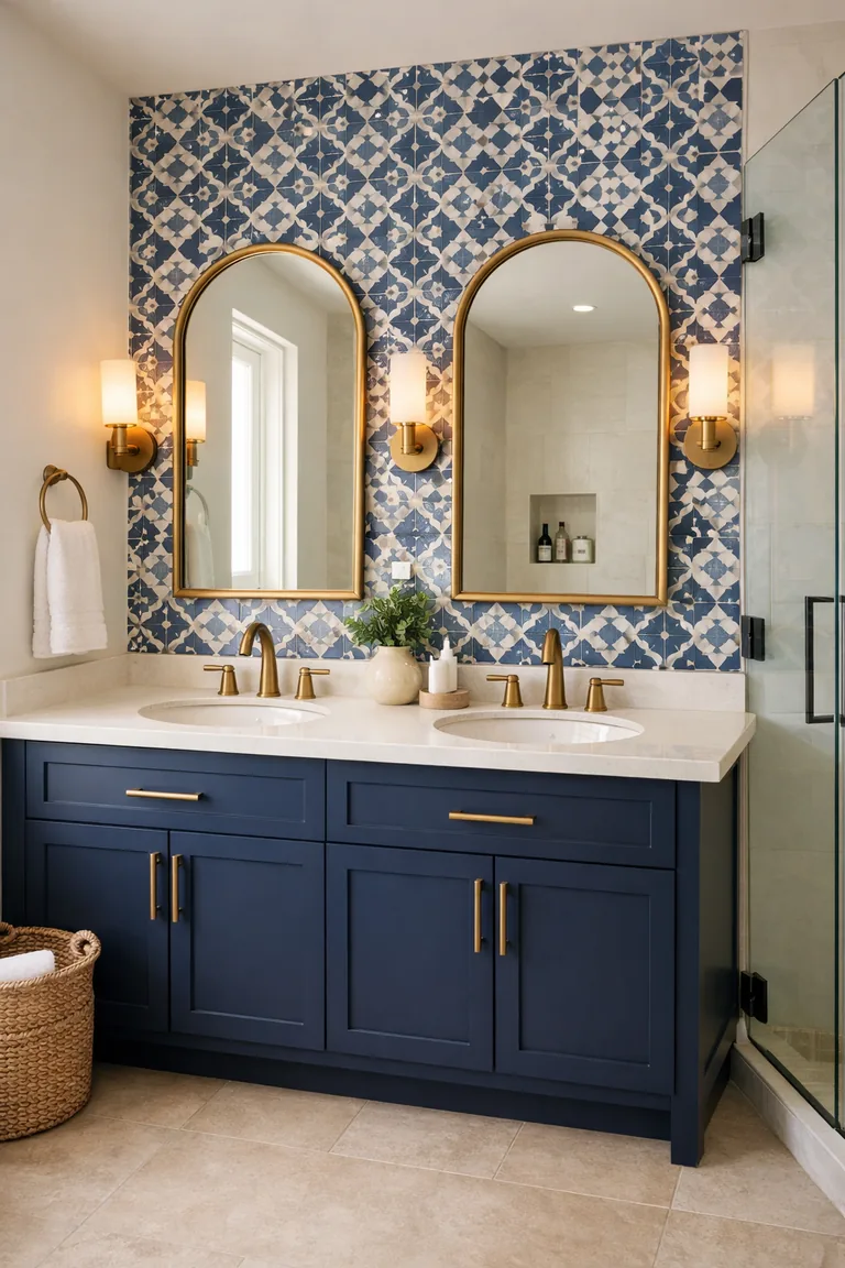 Modern bathroom with a navy double vanity, blue-and-white patterned statement tile wall, brass mirrors and sconces, and a light stone-look tile floor.