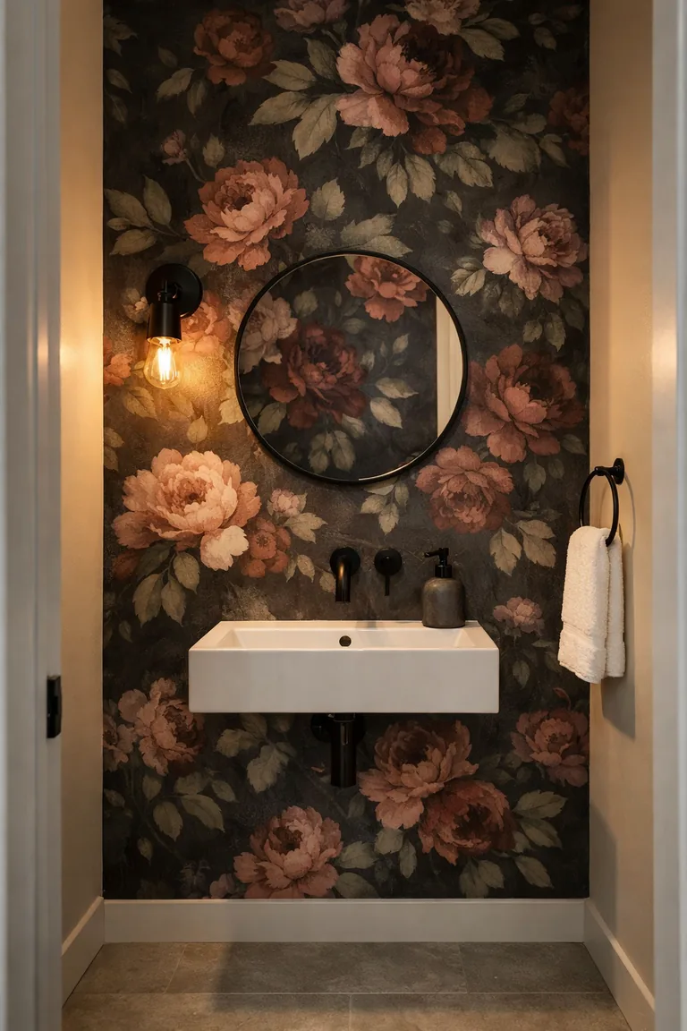 Modern powder room with dark floral wallpaper, a small floating white sink with a black faucet, a round black-framed mirror, and a warm wall sconce over light gray stone tile.
