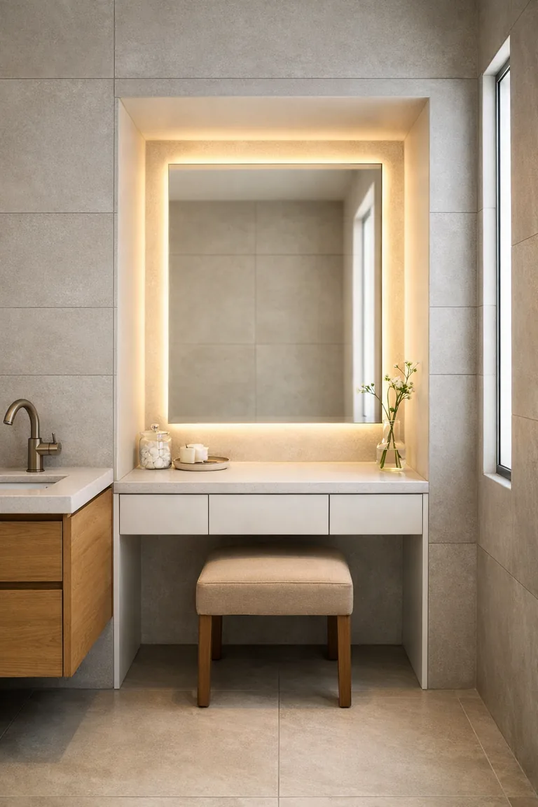 Modern bathroom with a built-in vanity nook featuring a backlit mirror, white countertop, matte white drawers, and a beige stool, set against light gray tile walls.