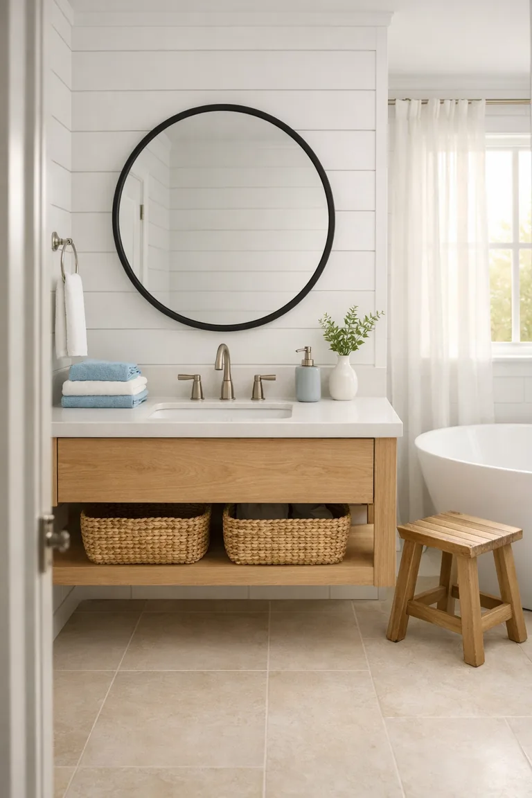Modern coastal bathroom with white shiplap walls, a light oak floating vanity with quartz top, round black-framed mirror, woven baskets, a teak stool, and a white soaking tub with soft blue accents.