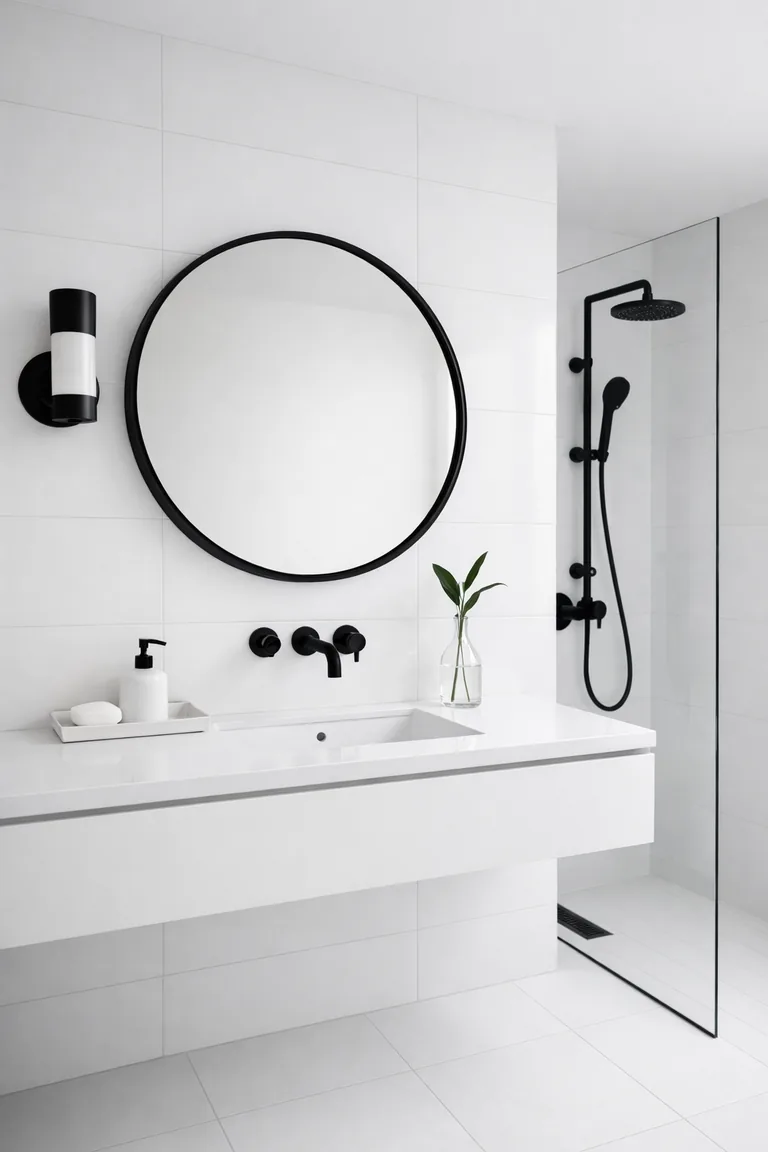 A modern black-and-white bathroom with a floating white vanity, matte black faucet, round black-framed mirror, white tile walls, and a glass shower with black fixtures.