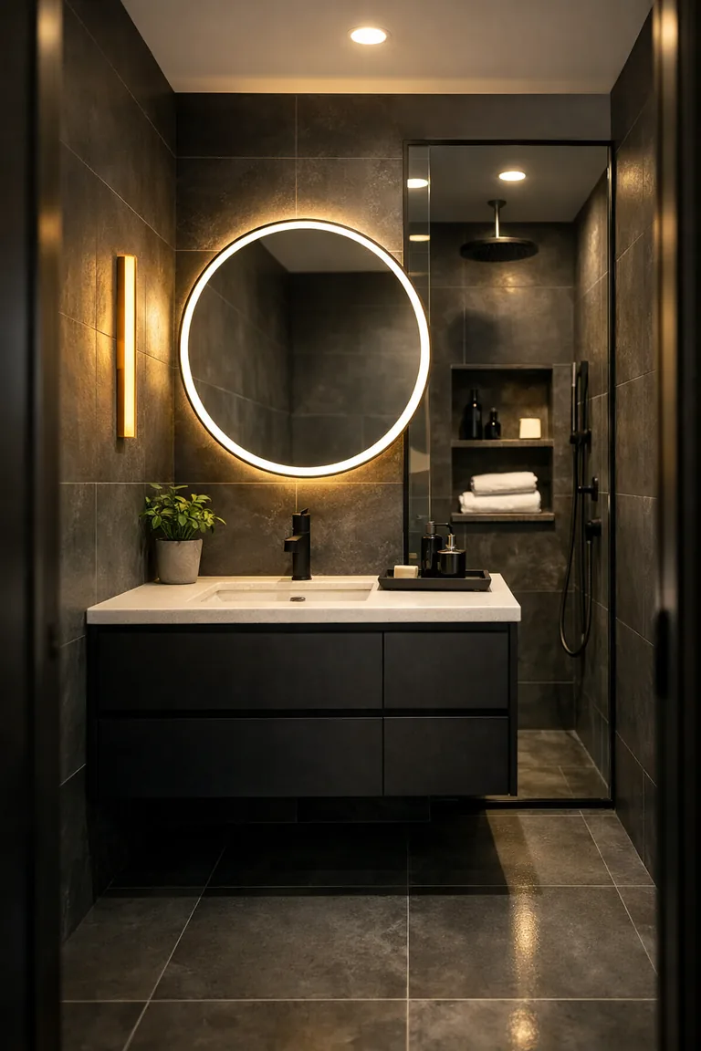 Moody modern bathroom with charcoal tile, a matte black floating vanity, white countertop, round backlit mirror, warm lighting, and a frameless glass shower panel.