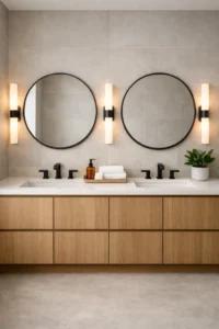 Modern bathroom with a light oak double vanity, white quartz counter, two sinks with matte black faucets, two round black-framed mirrors, and warm wall sconces on light gray tiled walls.