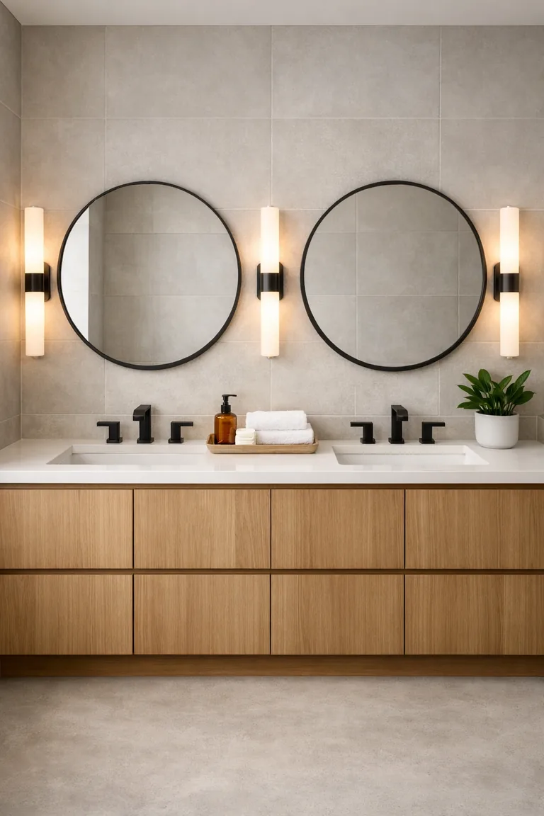 Modern bathroom with a light oak double vanity, white quartz counter, two sinks with matte black faucets, two round black-framed mirrors, and warm wall sconces on light gray tiled walls.