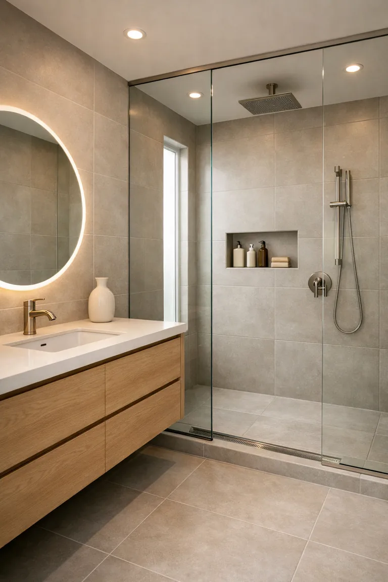 Modern bathroom with a floor-to-ceiling frameless glass shower, large-format light gray tiles, a recessed shower niche, and a floating wood vanity with a round backlit mirror.