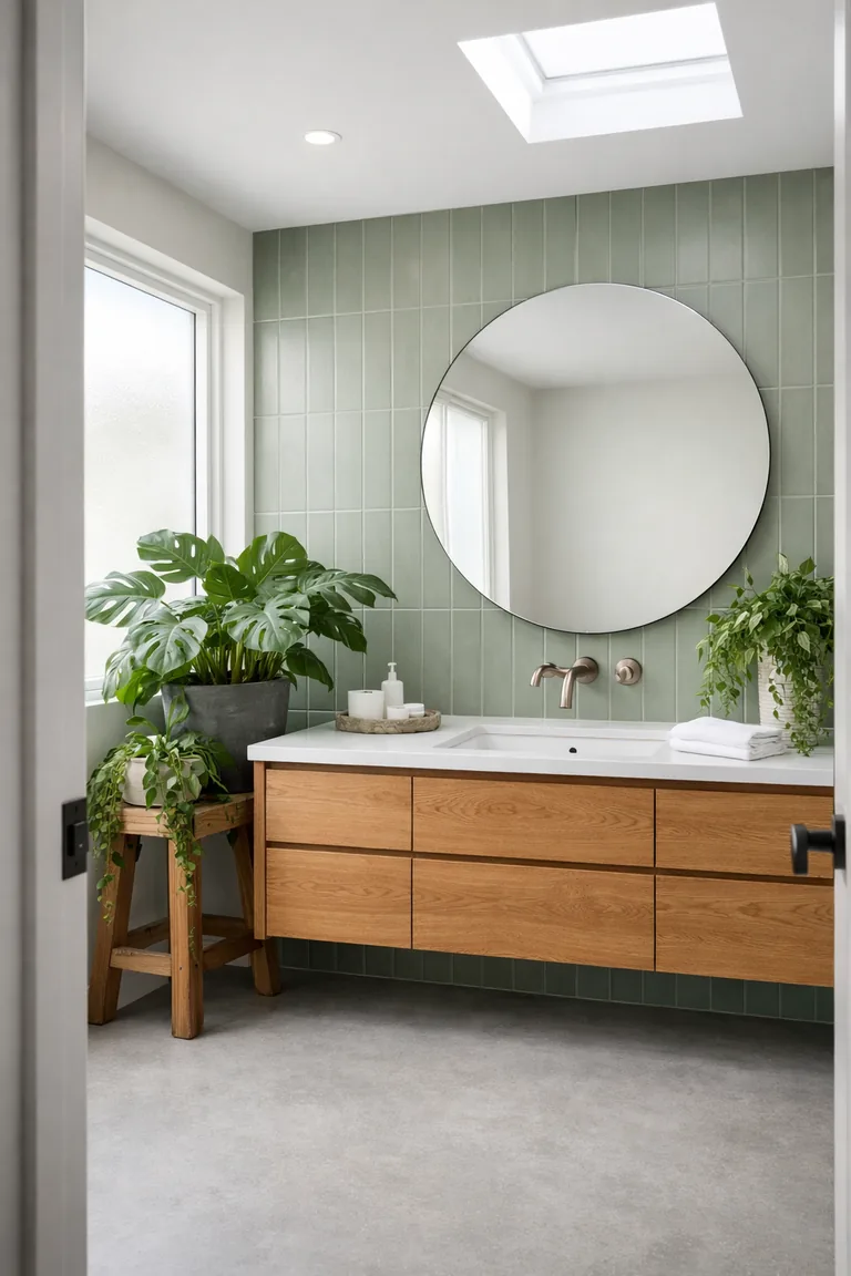 Photorealistic modern bathroom with sage green tiled walls, a warm wood floating vanity, a round frameless mirror, a white countertop and sink, and several leafy plants lit by daylight from a frosted window and skylight.