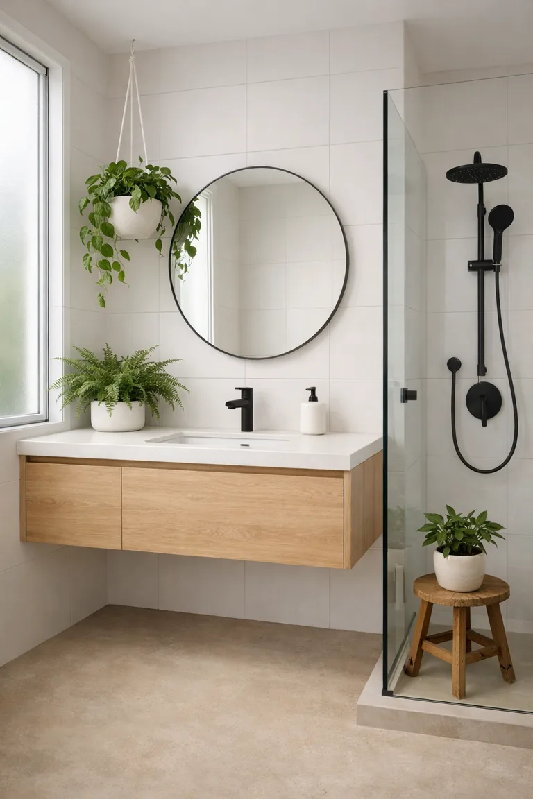 Modern bathroom with a floating oak vanity, white countertop, round frameless mirror, glass shower, and several potted plants including a fern and a hanging pothos, lit by soft daylight from a frosted window.