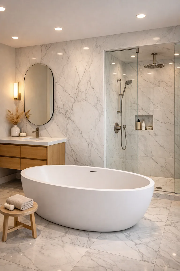 Modern bathroom with white marble slab walls, a freestanding white tub, a frameless glass walk-in shower, and a light oak floating vanity with an oval mirror.