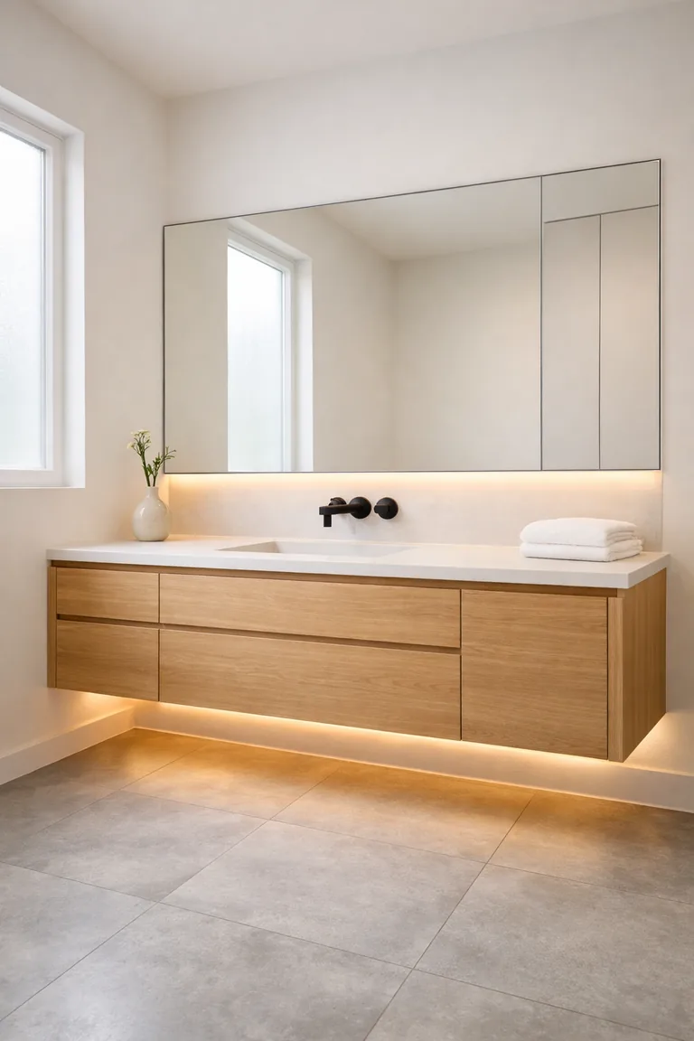 Minimalist bathroom with a floating light-oak handleless vanity, white quartz countertop and undermount sink, matte black wall faucet, frameless mirror, recessed built-in storage cabinet, and light gray tile floor.