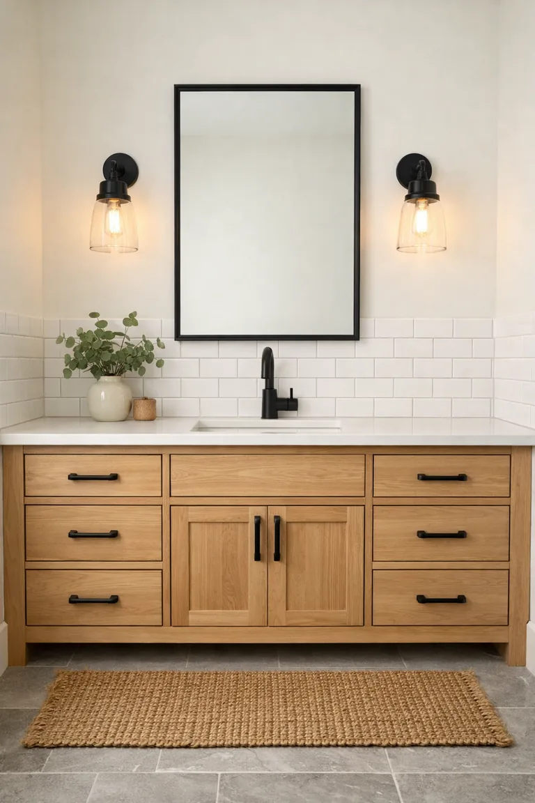 Modern farmhouse bathroom vanity in light oak with a white countertop, matte black faucet and mirror frame, white subway tile backsplash, black sconces, and a gray tile floor with a jute runner.