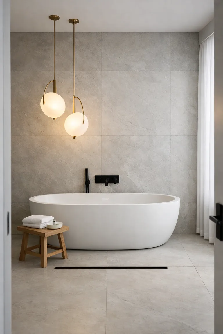 A modern bathroom with a freestanding white tub under two sculptural glass pendant lights, set against a light-gray stone wall with pale concrete tile flooring.