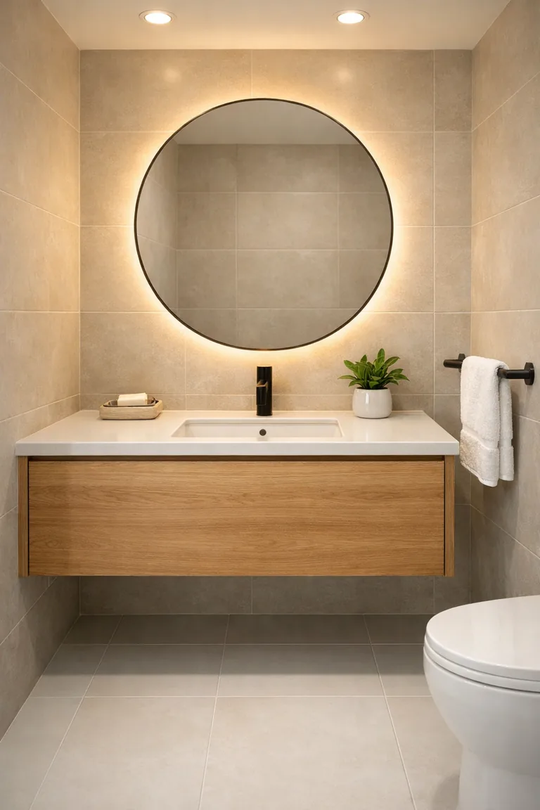 Small modern guest bathroom with a floating light-wood vanity, white countertop and sink, round backlit mirror, and matte black faucet, showing open floor space beneath.