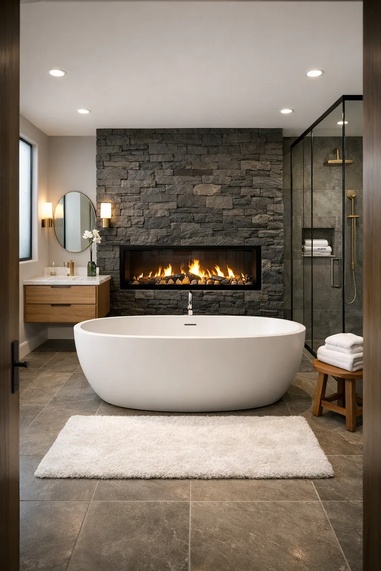 Modern bathroom with a matte white freestanding tub in front of a double-sided glass fireplace, a floating wood vanity with round mirrors on the left, and a glass shower on the right.
