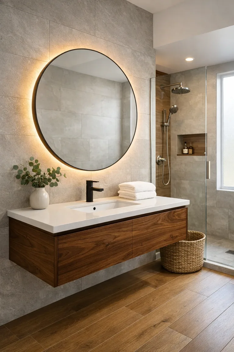 Modern bathroom with a floating walnut vanity, white quartz countertop, matte black faucet, round backlit mirror, gray stone-look wall tile, and wood-look tile floor with a glass walk-in shower in the background.