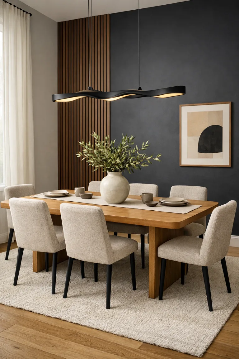 Modern dining room with a deep charcoal accent wall featuring vertical walnut slat paneling, an oak dining table with six oatmeal upholstered chairs, and a black linear pendant light above.