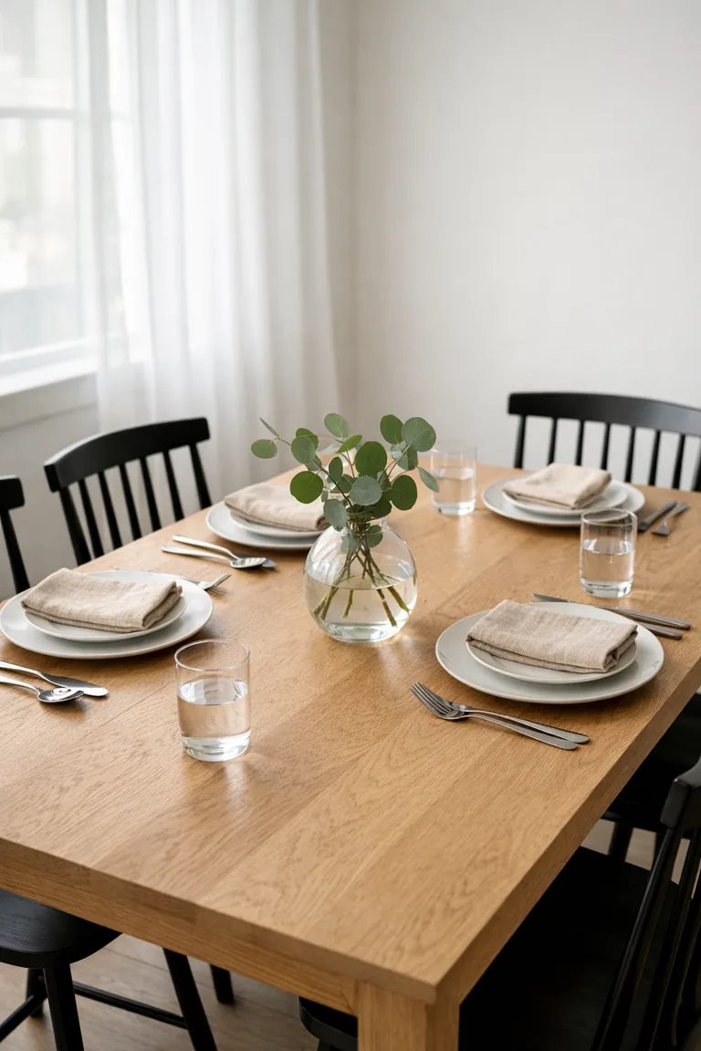Minimalist dining table with matte white plates, linen napkins, clear glasses, brushed metal flatware, and a small glass vase with eucalyptus stems in a bright neutral room.
