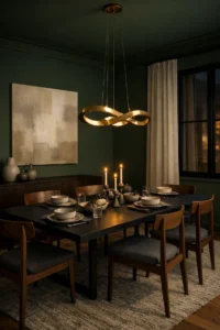 Modern dining room with deep forest green walls, a matte black dining table with six walnut chairs, a brass pendant light, a dark wood sideboard, and a warm gray rug.