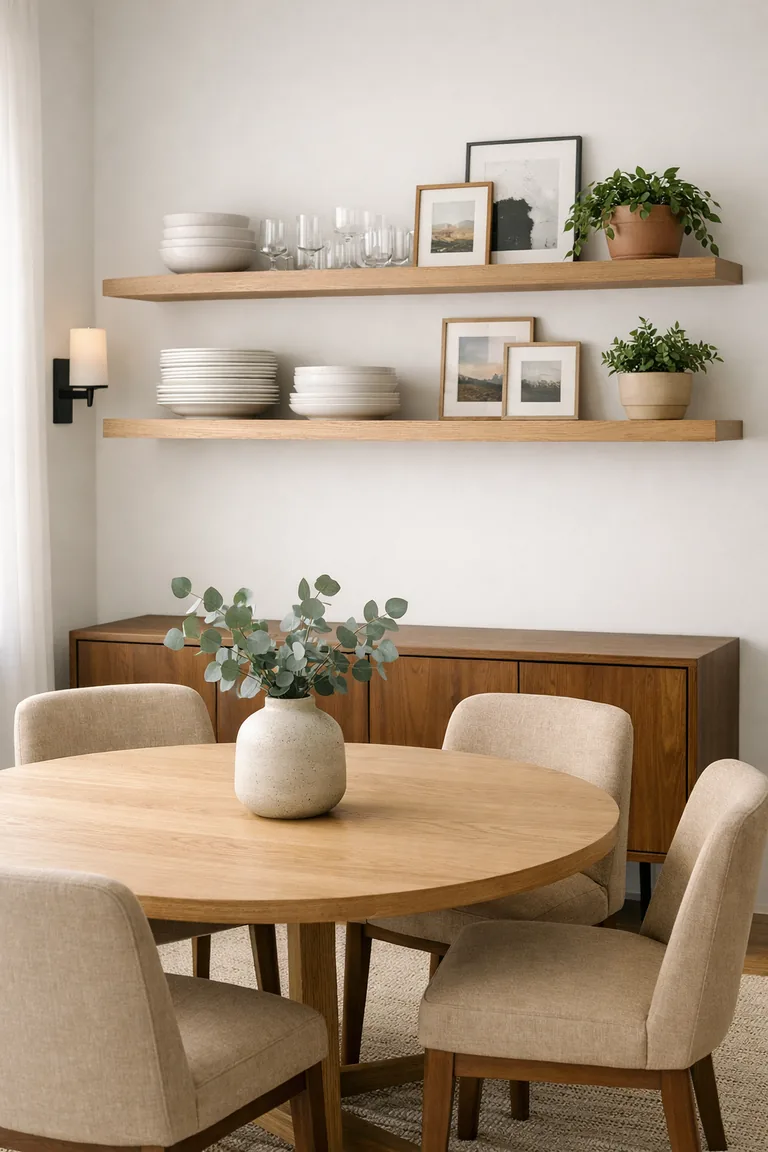 A modern dining room with white oak floating shelves above a walnut sideboard, styled with white dishes, glassware, framed art, and potted plants, with a light wood round table and beige chairs in the foreground.