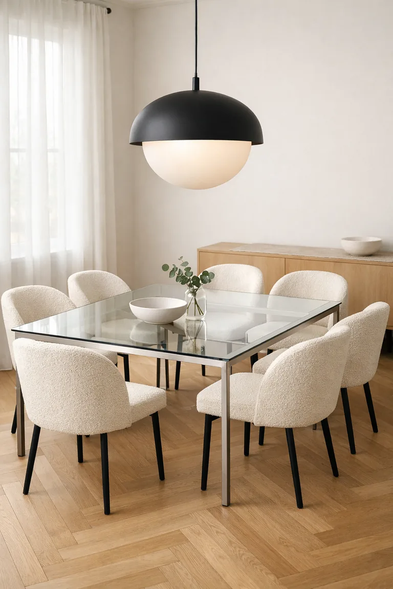 A clear glass dining table with six off-white sculptural chairs sits under a black statement pendant light near a large window with sheer curtains.