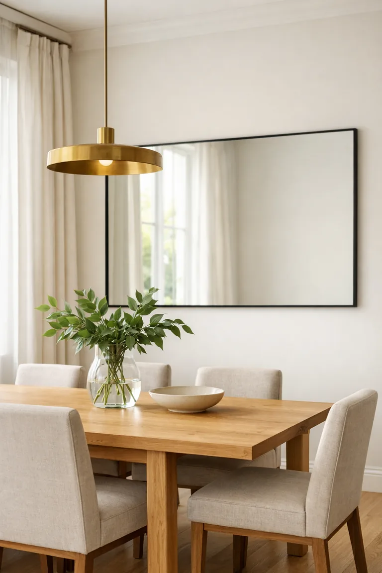 A modern dining room with a light-oak table and linen chairs beneath a large black-framed mirror reflecting daylight, with a brass pendant overhead.